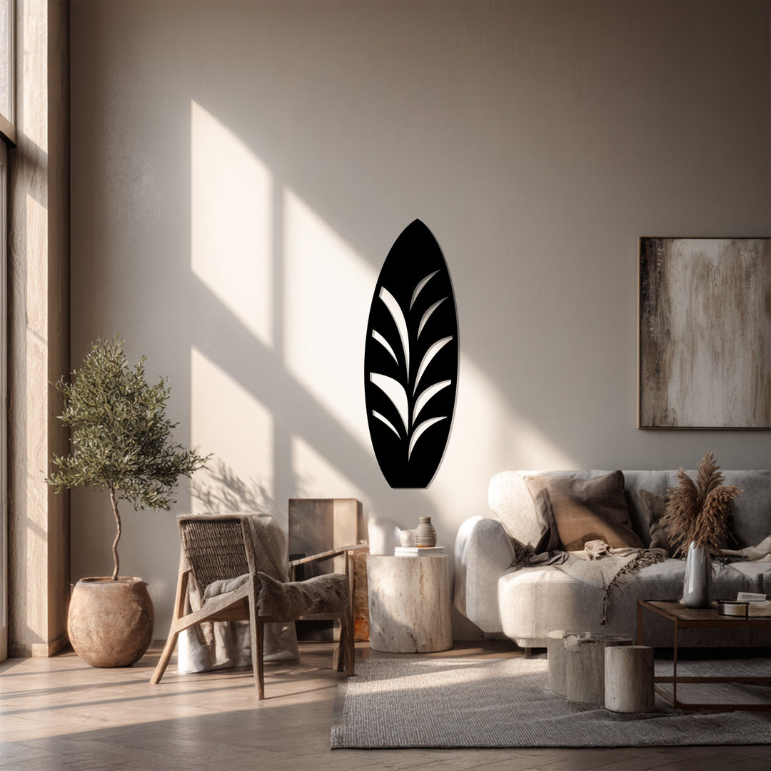 Black Surfboard Metal Wall Art – Tropical Leaf Design Coastal Decor