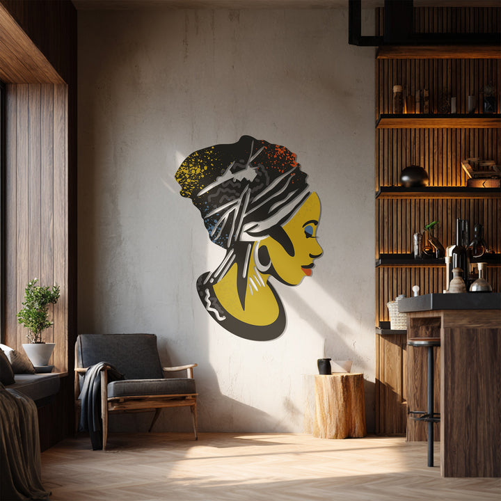 Modern African portrait metal artwork with yellow and black tones