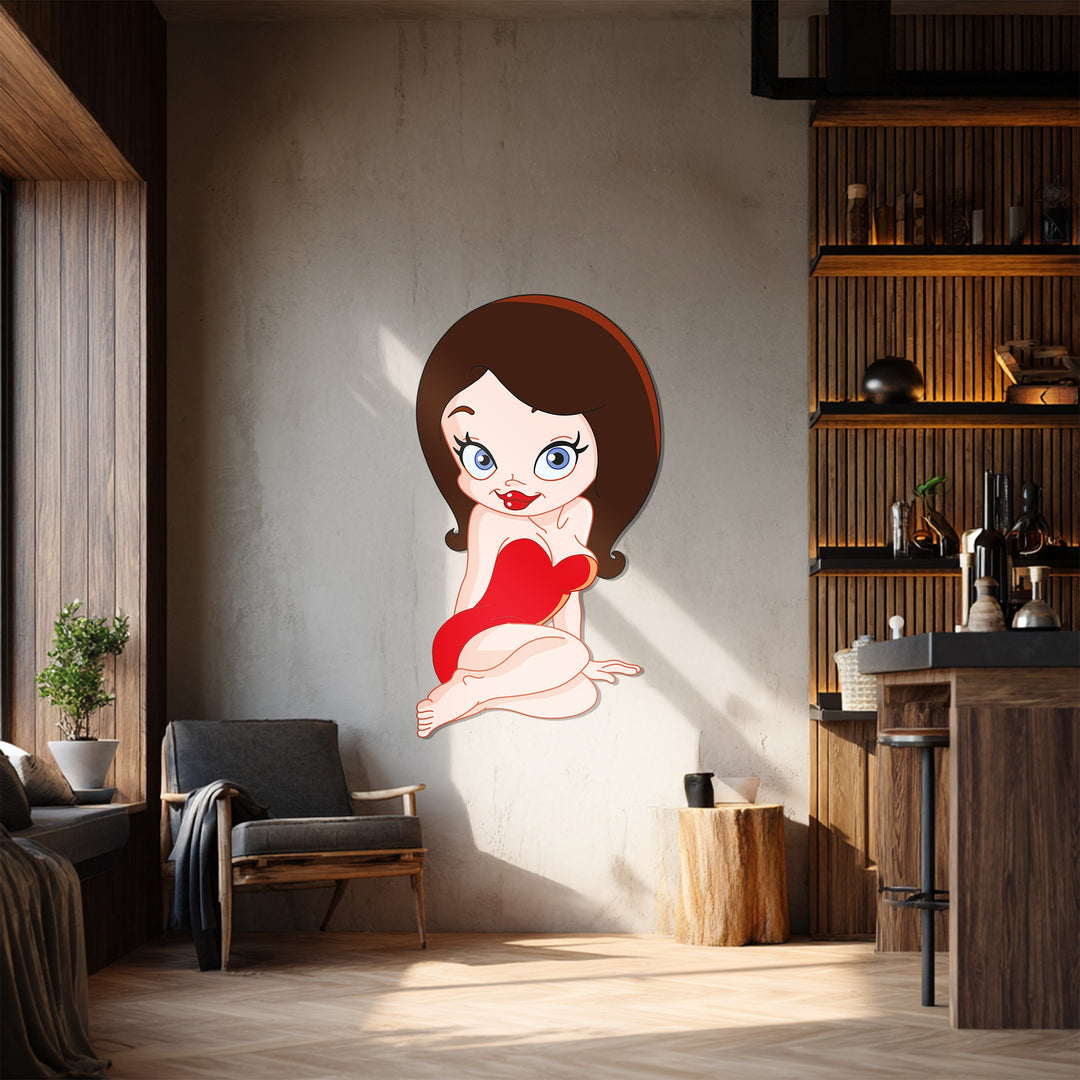 Cartoon Woman Metal Wall Art – Playful Red Dress Modern Wall Decor