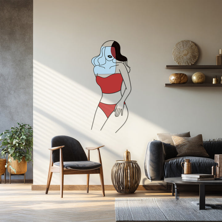 Modern feminine figure metal wall decor in red and blue tones