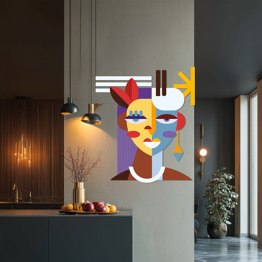 Modern geometric portrait metal wall decor with bold colors