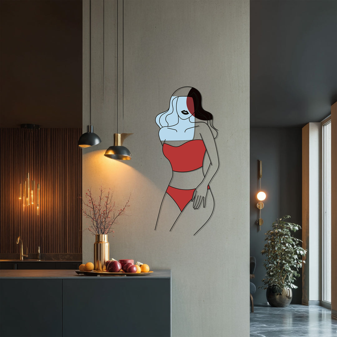 Abstract Woman in Red Metal Wall Art – Modern Minimalist Home Decor