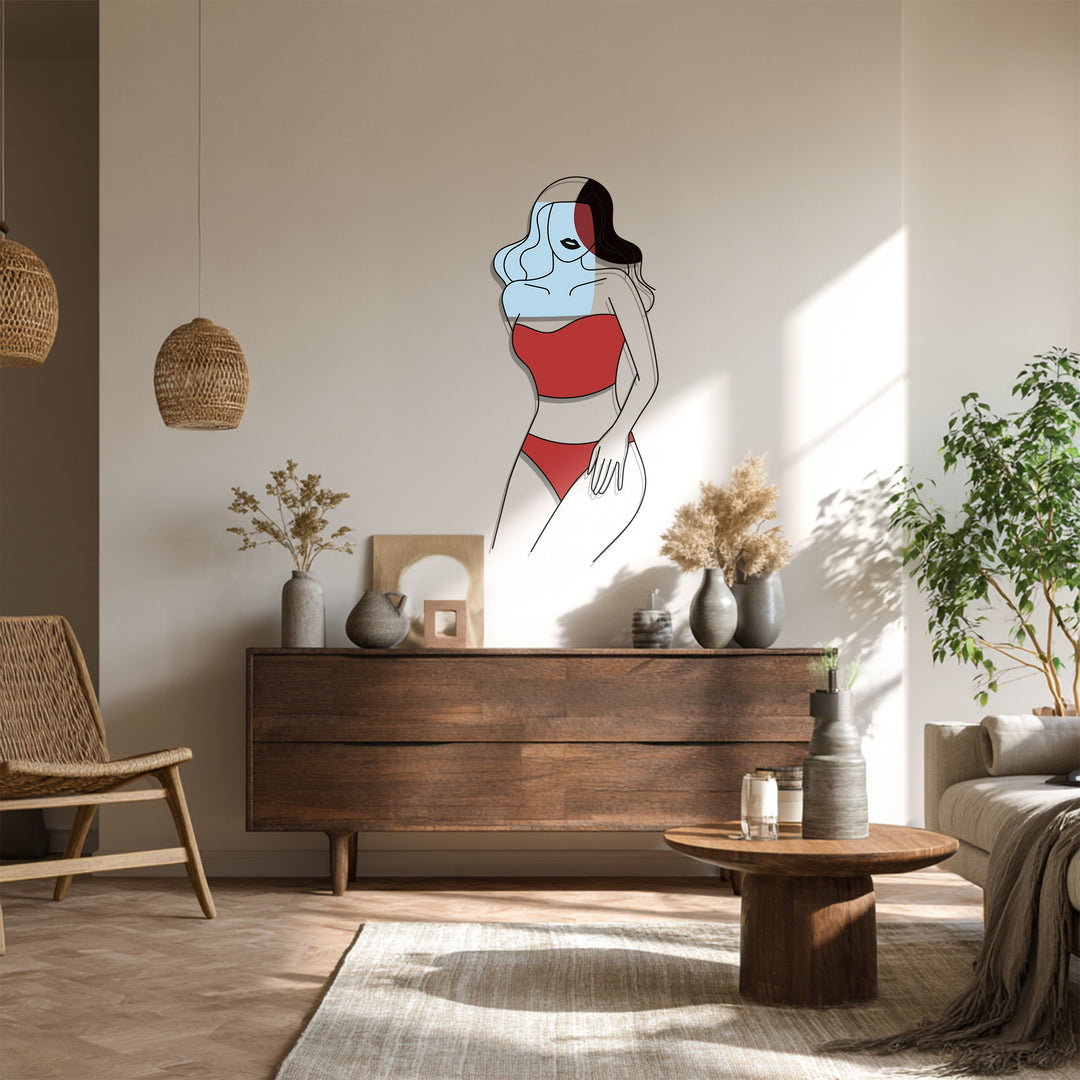 Abstract Woman in Red Metal Wall Art – Modern Minimalist Home Decor