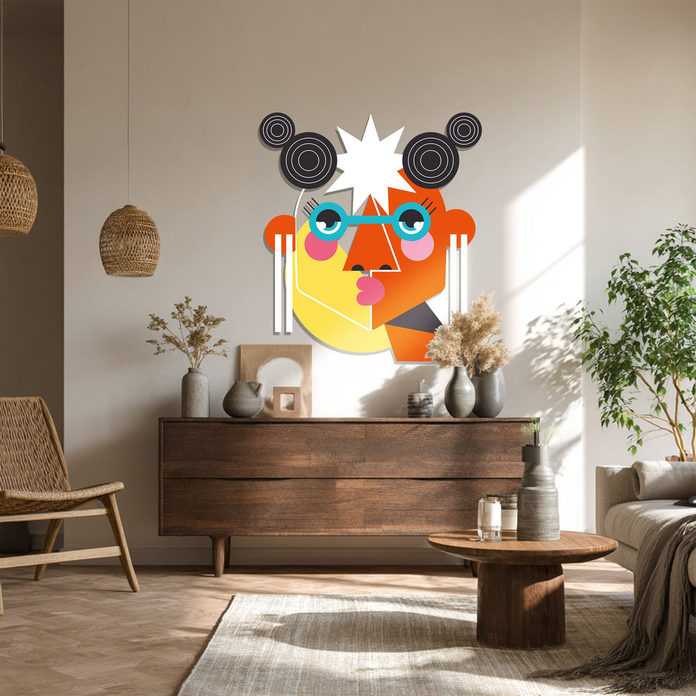 Modern cubist face metal wall decor with orange and yellow tones
