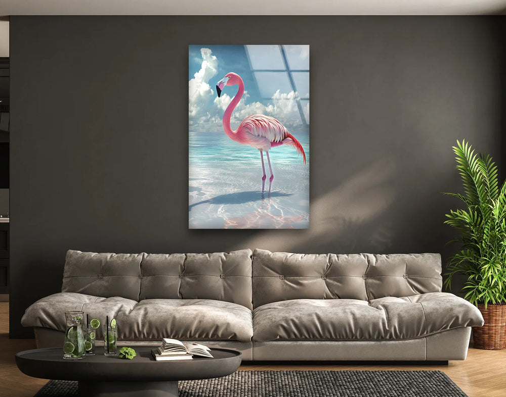 Pink Flamingo On Blue Ocean Glass Wall Art custom glass photo prints, large glass prints