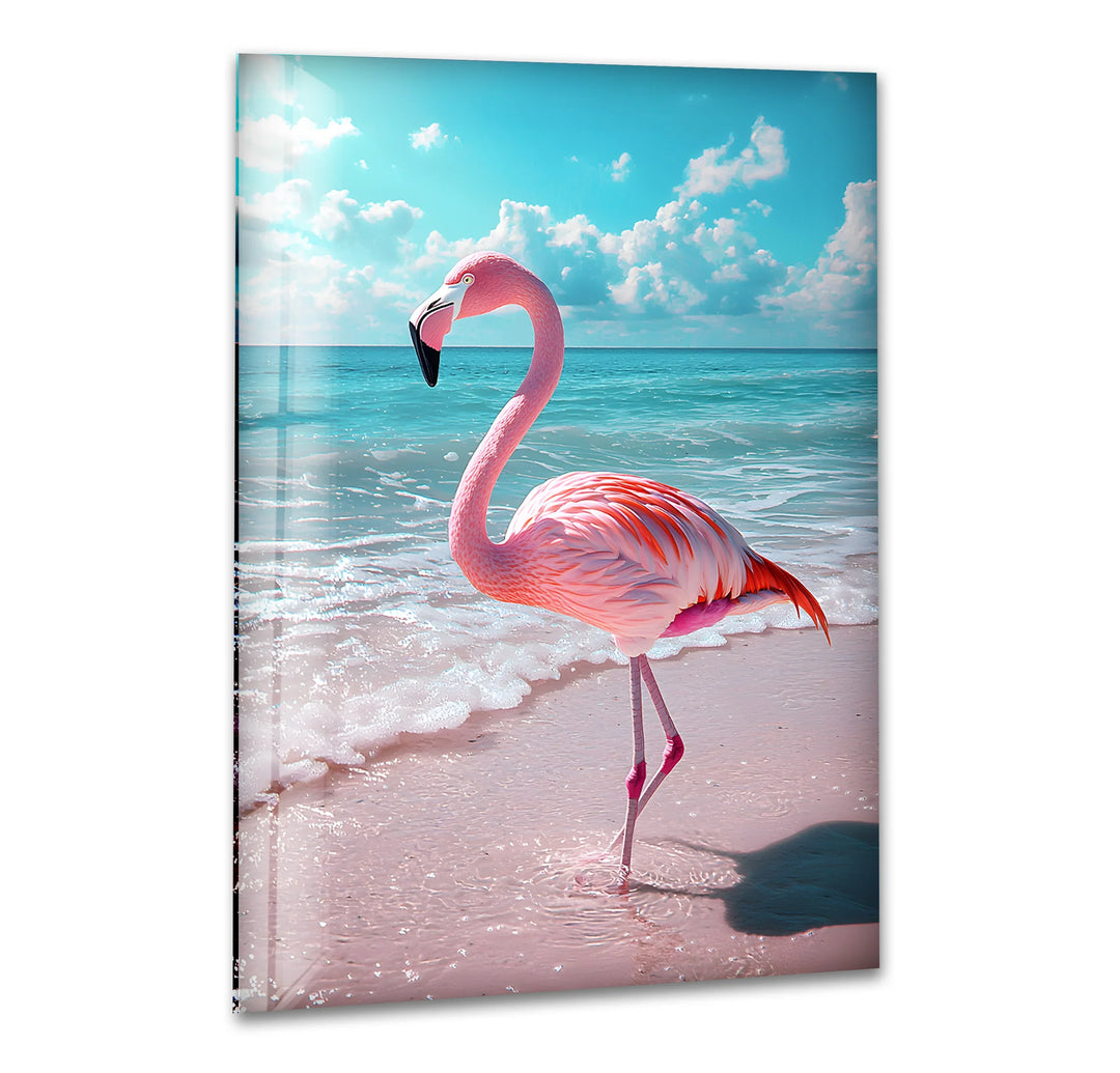 Flamingo on Beach Glass Wall Art print picture on glass, Tempered Glass Wall Art