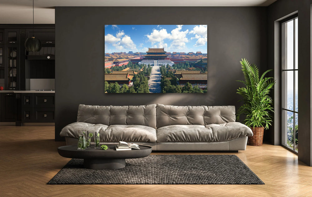 Forbidden City Blue Glass Wall Art custom glass pictures, glass art prints