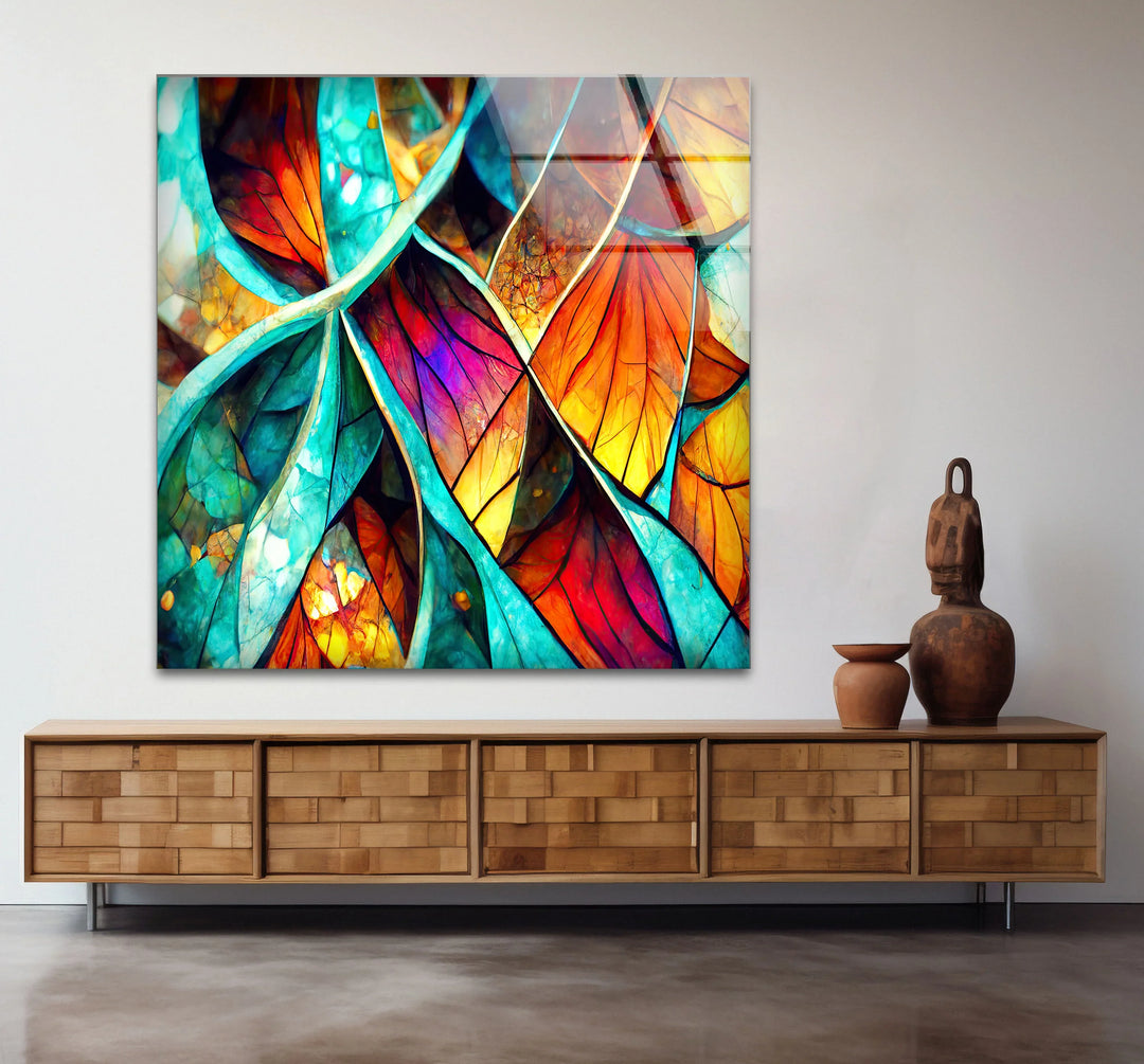 Abstract Stained Glass Leaf Wall Art – Vibrant Nature-Inspired Panel for Modern Interiors - MyPhotoStation