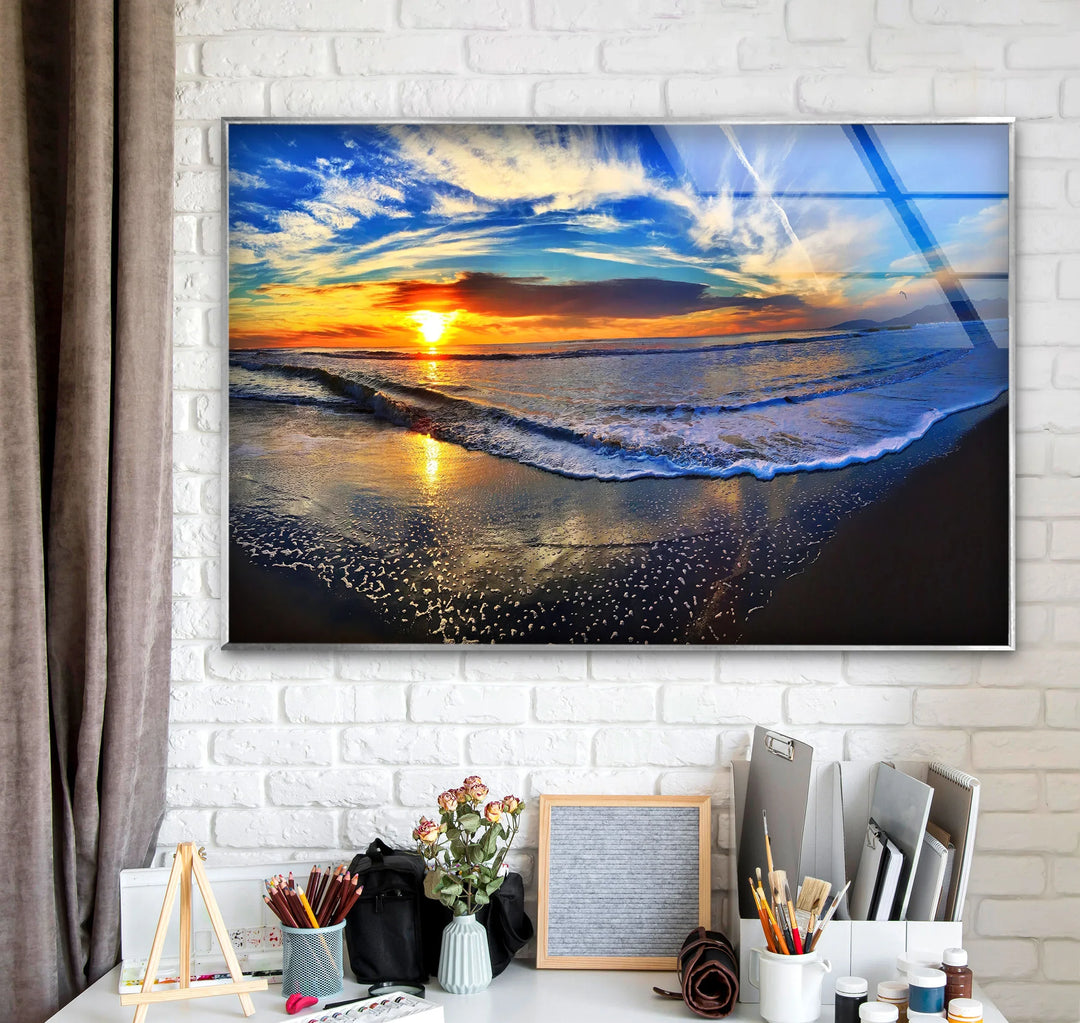 Sunset Beach Wave Wall Art – Vibrant Ocean Horizon Glass Print for Coastal and Modern Interiors - MyPhotoStation