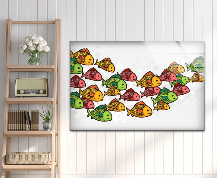 Colorful Fish Pattern Wall Art – Playful Glass Print for Kids’ Rooms, Bathrooms, and Coastal Interiors - MyPhotoStation