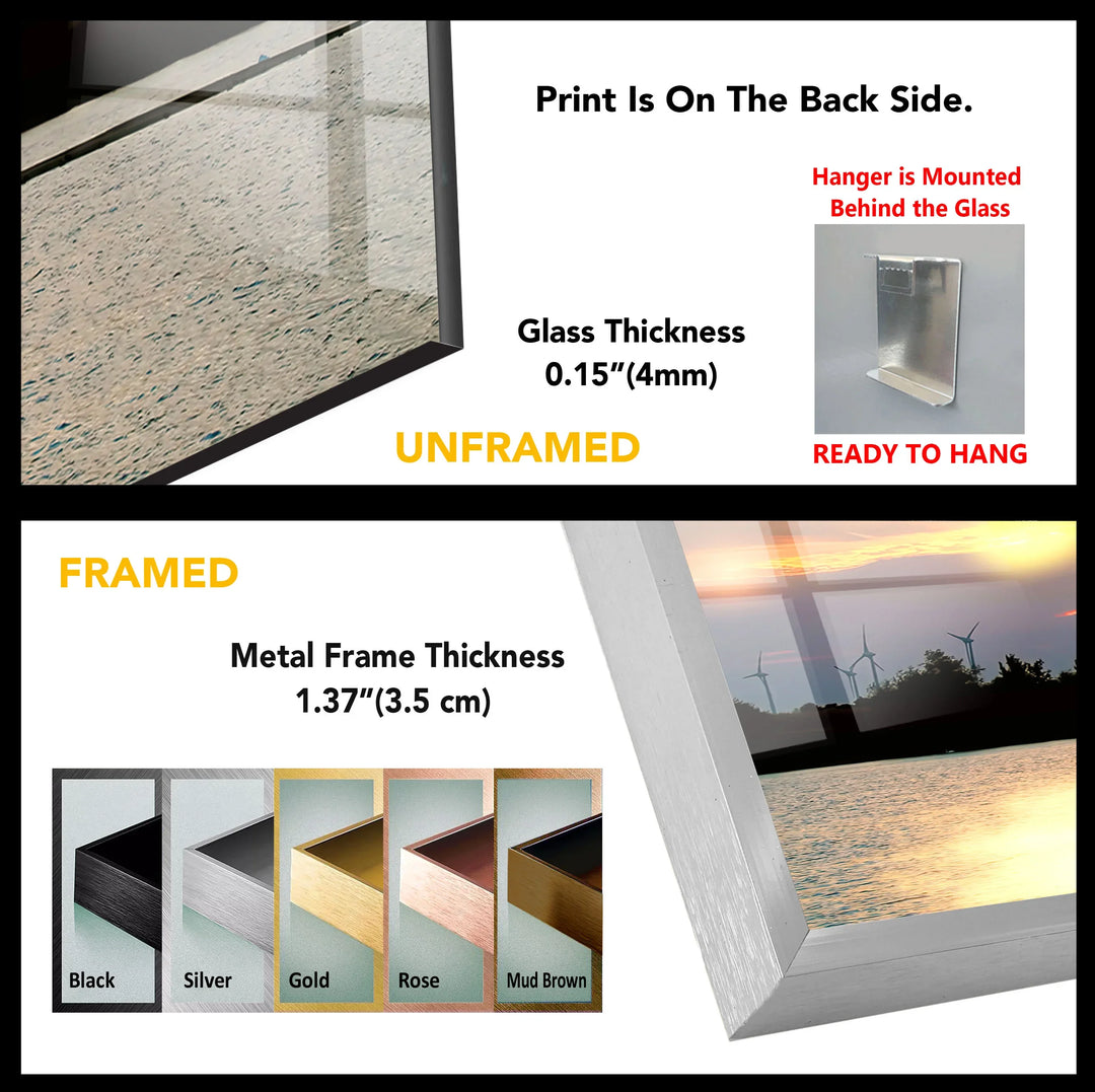 Sunset Lake View Wall Art – Serene Wind Turbine Glass Print for Eco-Inspired and Modern Interiors - MyPhotoStation