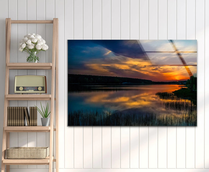 Tranquil Sunset Lake Wall Art – Moody Landscape Glass Print for Nature-Inspired Modern Interiors - MyPhotoStation
