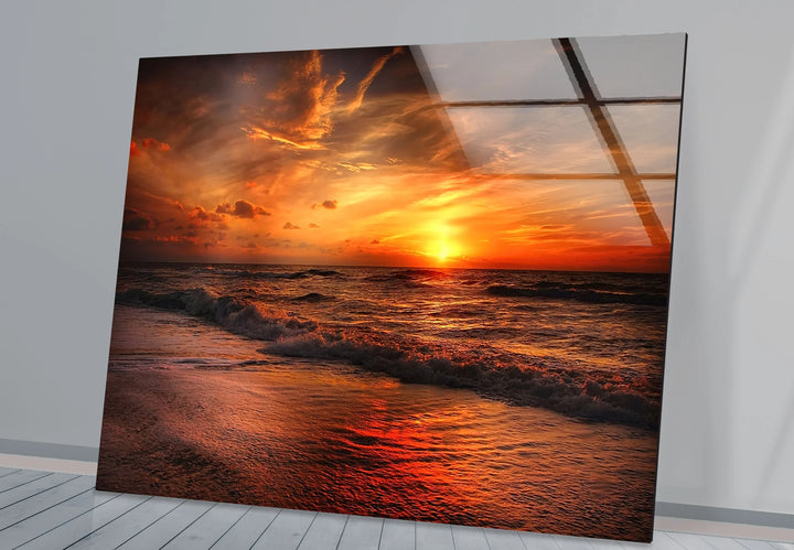 Fiery Sunset Ocean Wall Art – Bold Coastal Glass Print for Dramatic and Modern Interiors - MyPhotoStation