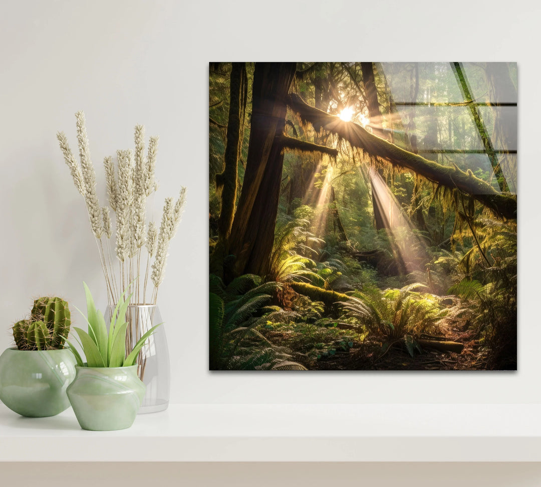 Enchanted Forest Wall Art – Sunlight Through Trees Glass Print for Nature-Inspired Decor - MyPhotoStation