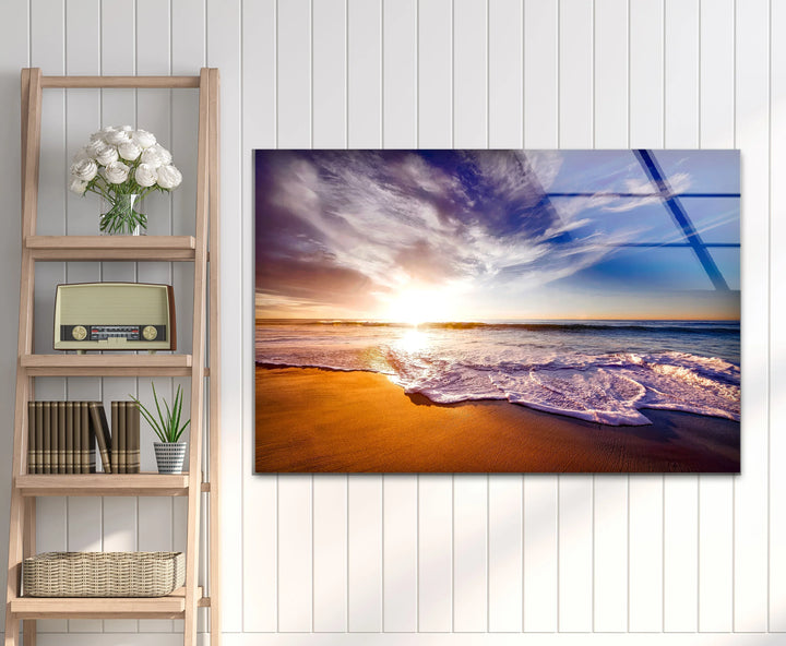 Golden Sunrise Beach Wall Art – Serene Ocean Glass Print for Coastal and Relaxing Interiors - MyPhotoStation