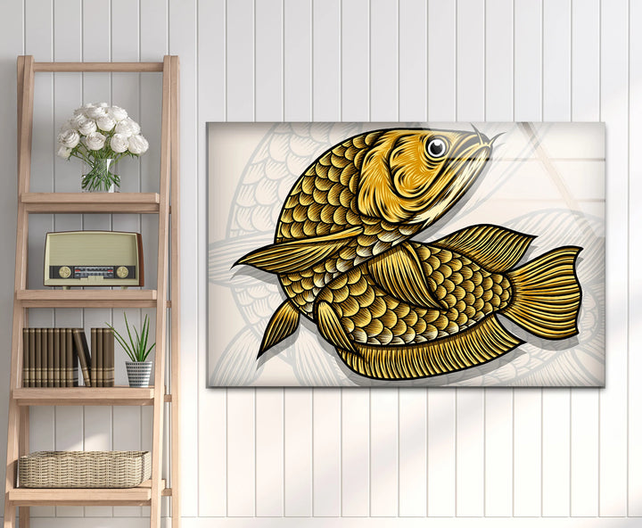Golden Arowana Fish Wall Art – Elegant Asian-Inspired Glass Print for Modern Interiors and Feng Shui Decor - MyPhotoStation
