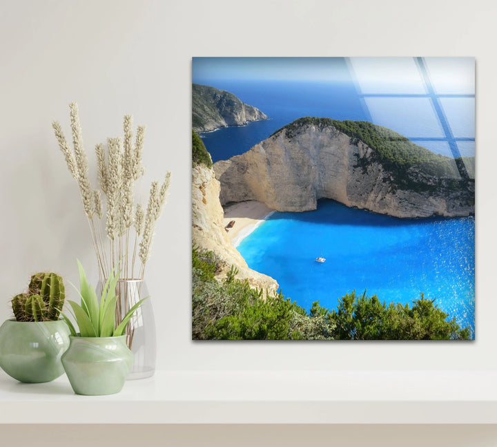 Navagio Beach Wall Art – Stunning Blue Coast Glass Print of Zakynthos Bay for Coastal and Modern Interiors - MyPhotoStation