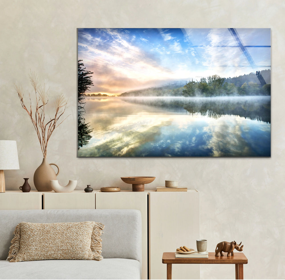 Misty Lake Sunrise Wall Art – Tranquil Morning Glass Landscape Print - MyPhotoStation