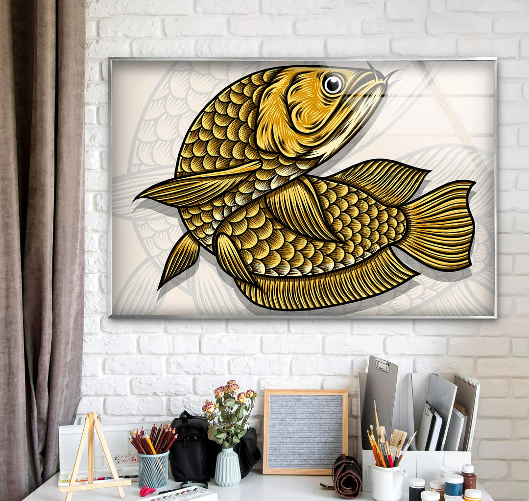 Golden Arowana Fish Wall Art – Elegant Asian-Inspired Glass Print for Modern Interiors and Feng Shui Decor - MyPhotoStation