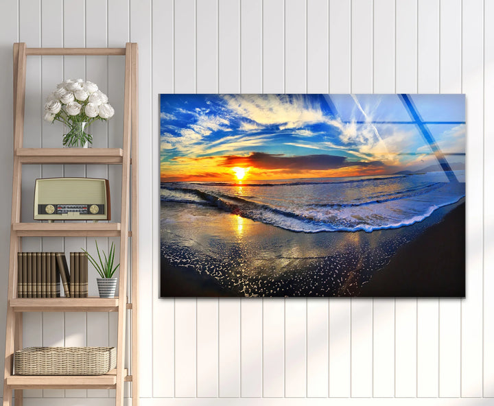 Sunset Beach Wave Wall Art – Vibrant Ocean Horizon Glass Print for Coastal and Modern Interiors - MyPhotoStation
