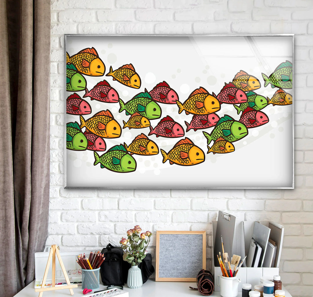Colorful Fish Pattern Wall Art – Playful Glass Print for Kids’ Rooms, Bathrooms, and Coastal Interiors - MyPhotoStation