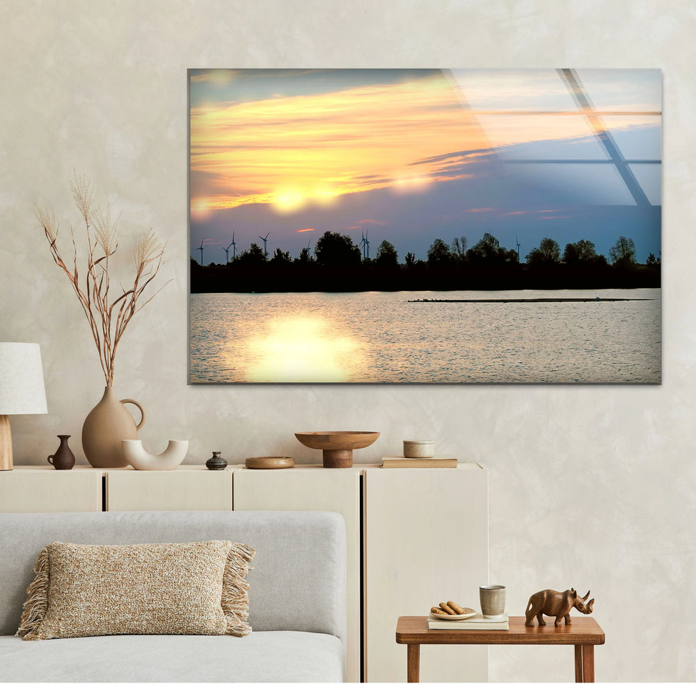 Sunset Lake View Wall Art – Serene Wind Turbine Glass Print for Eco-Inspired and Modern Interiors - MyPhotoStation