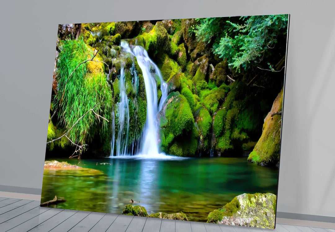 Forest Waterfall Wall Art – Serene Glass Landscape Print with Lush Green Moss and Crystal Clear Stream for Nature-Inspired Interiors - MyPhotoStation