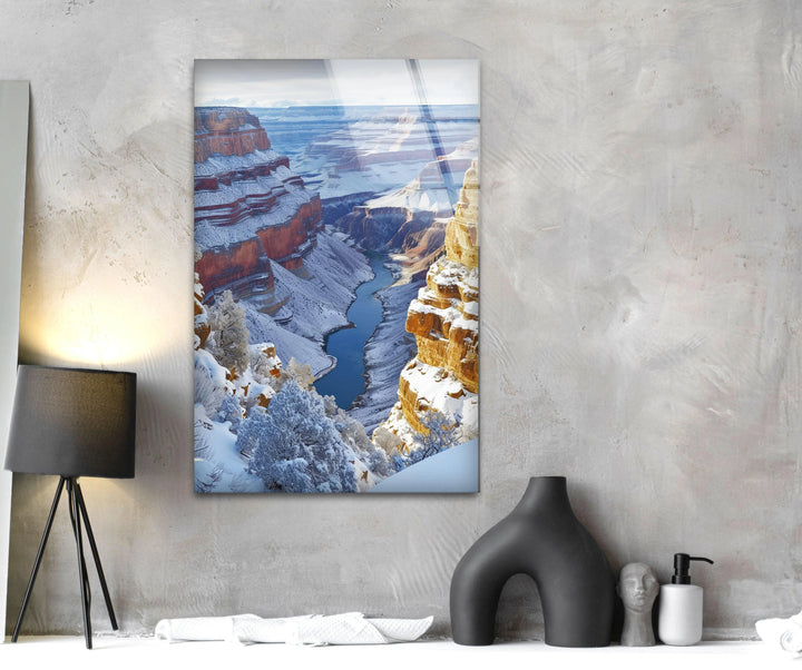 Snow-covered Grand Canyon wall decor capturing nature’s winter beauty.