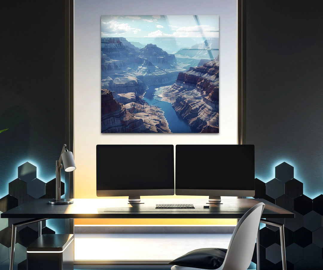 A breathtaking aerial view of the Grand Canyon, bringing nature into your home with glass wall art.