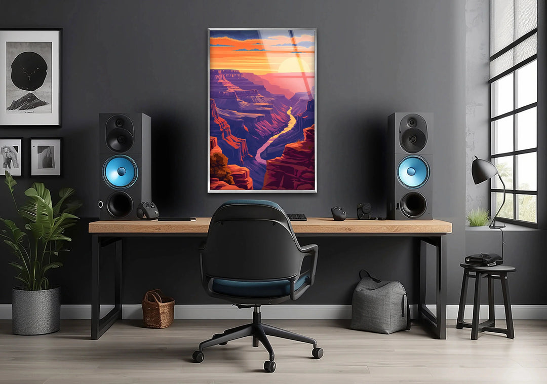 Grand Canyon glass wall art featuring a breathtaking sunset over the canyon.