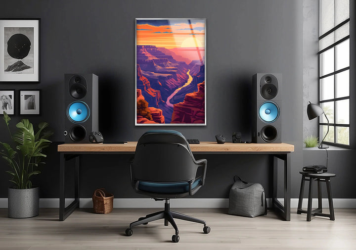 Grand Canyon glass wall art featuring a breathtaking sunset over the canyon.