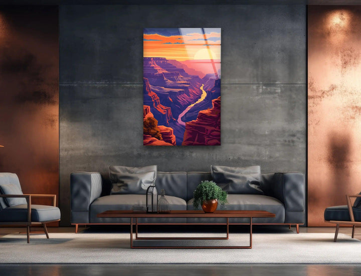 Eye-catching Grand Canyon glass decor with a vibrant river and sunset scenery.