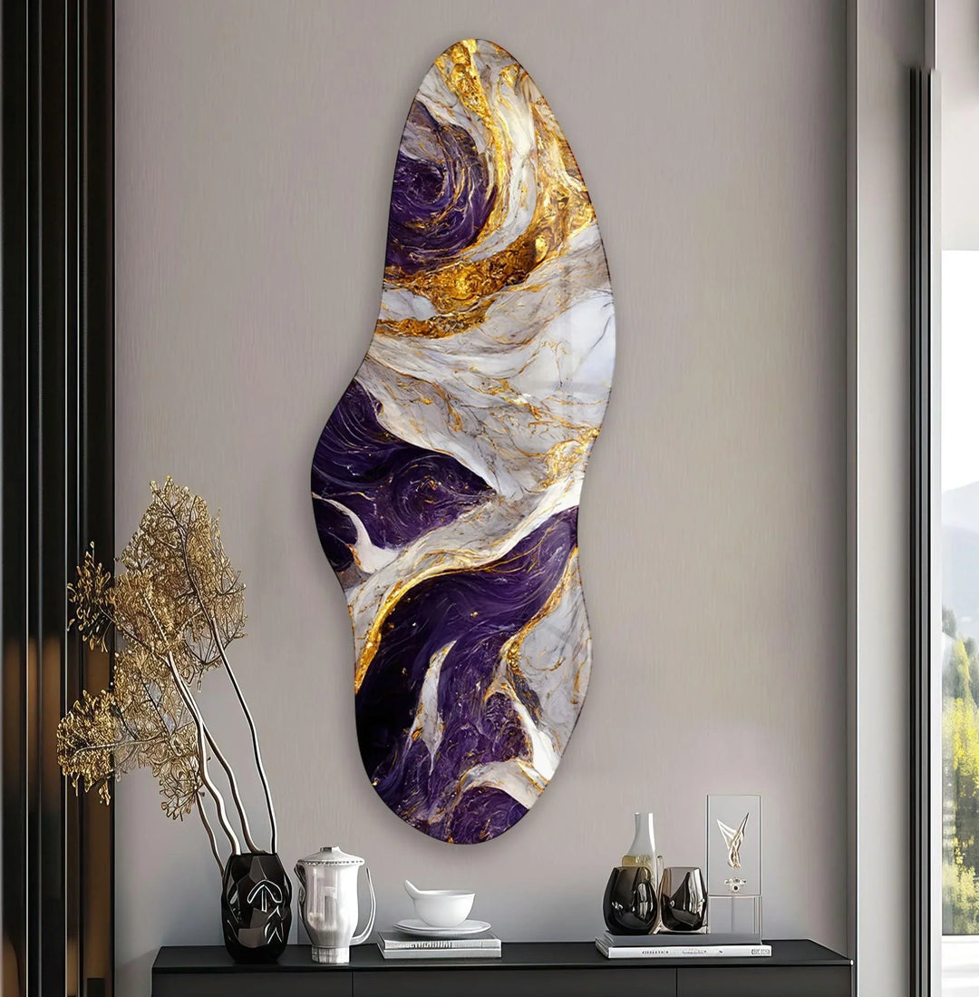 Irregular Asymmetrical Purple & Golden Glass Wall Art glass image printing, glass prints from photos