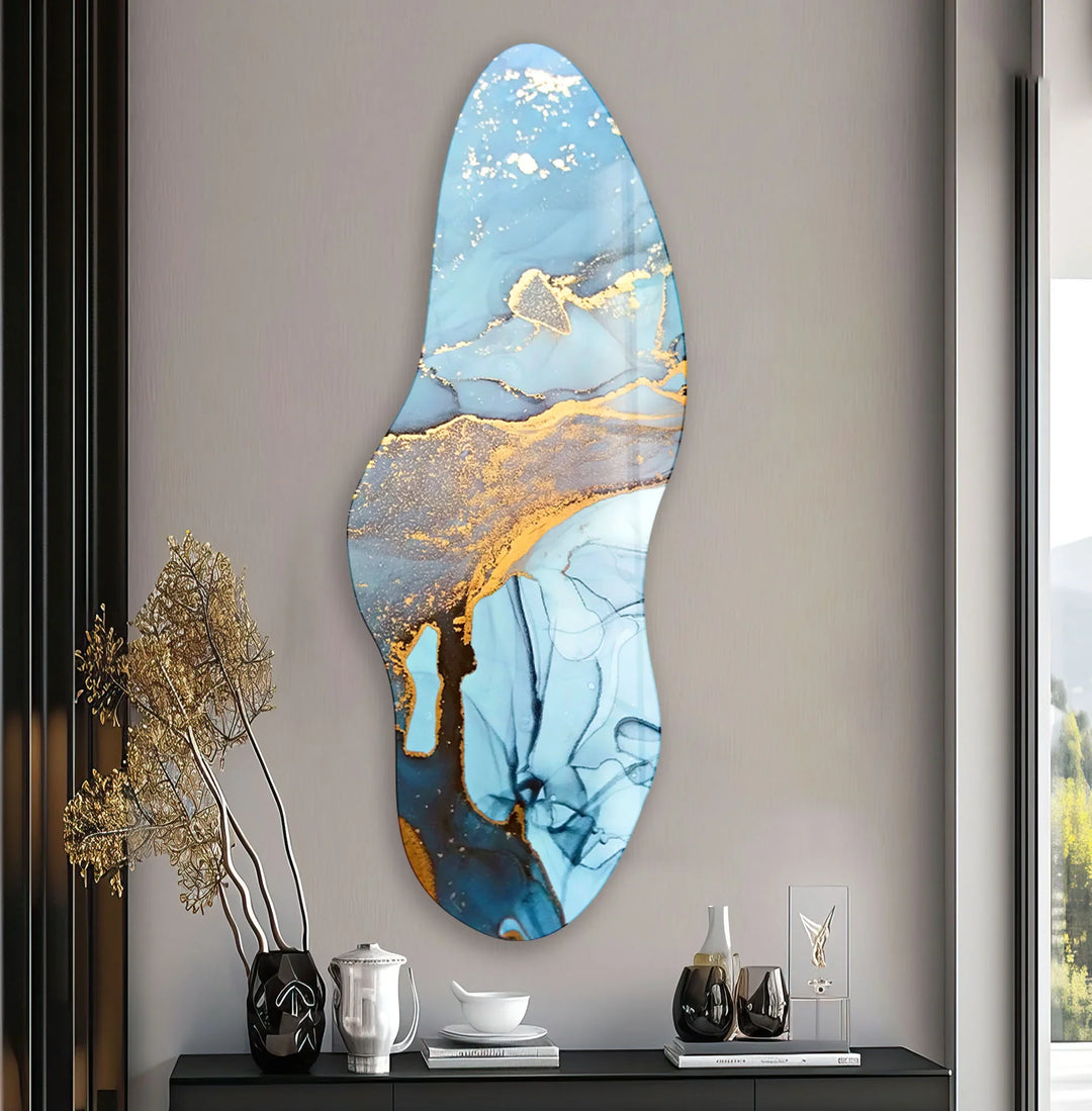 Asymmetrical Blue Alcohol Ink Glass Wall Art, Glass Printing Wall Art, Print photos on glass