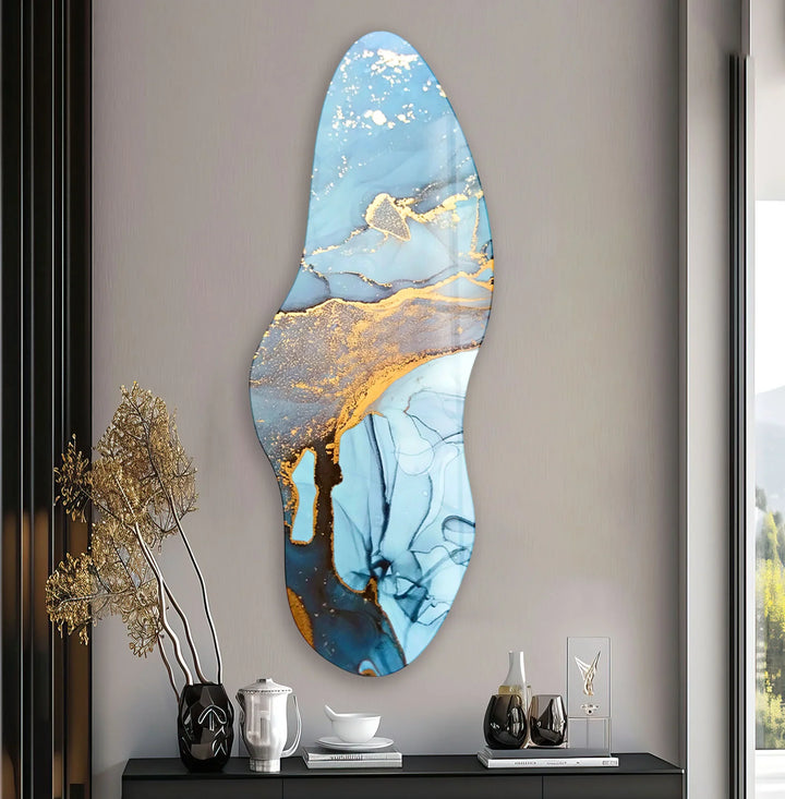 Asymmetrical Blue Alcohol Ink Glass Wall Art, Glass Printing Wall Art, Print photos on glass