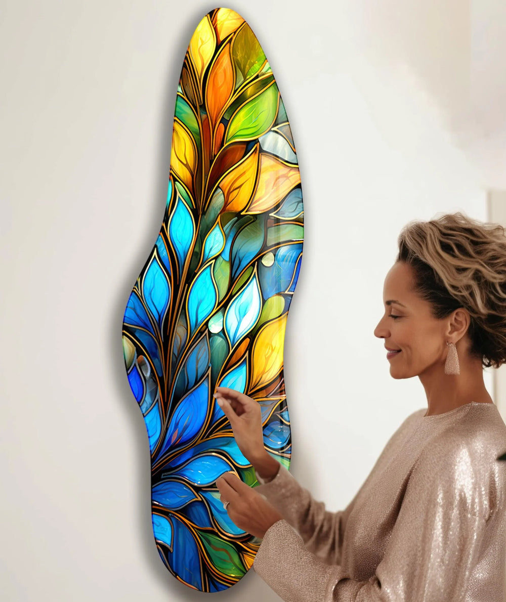 Irregular Asymmetrical Blue Botanical Glass Wall Art Glass Printing Wall Art, Print photos on glass