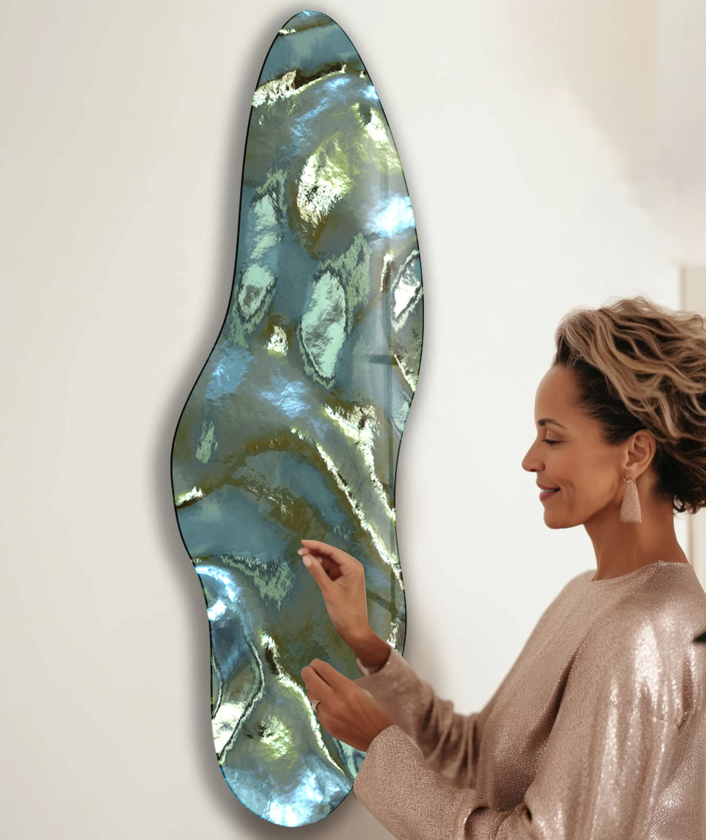 Asymmetrical Metalic Green Glass Wall Art, picture on glass wall art, photos printed on glass