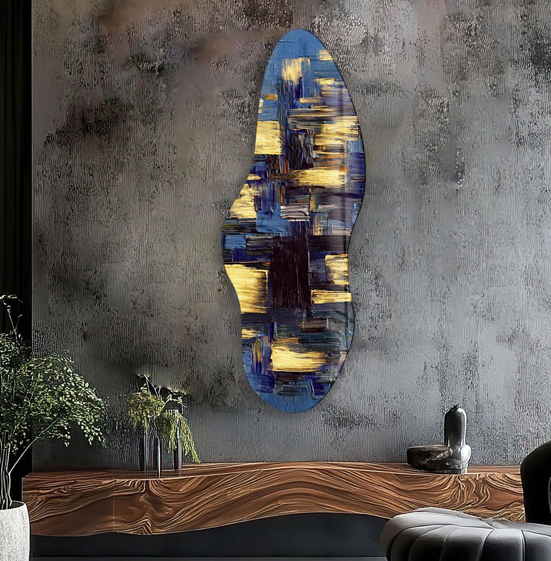 Irregular Asymmetrical Blue Paint Glass Wall Art picture on glass wall art, photos printed on glass