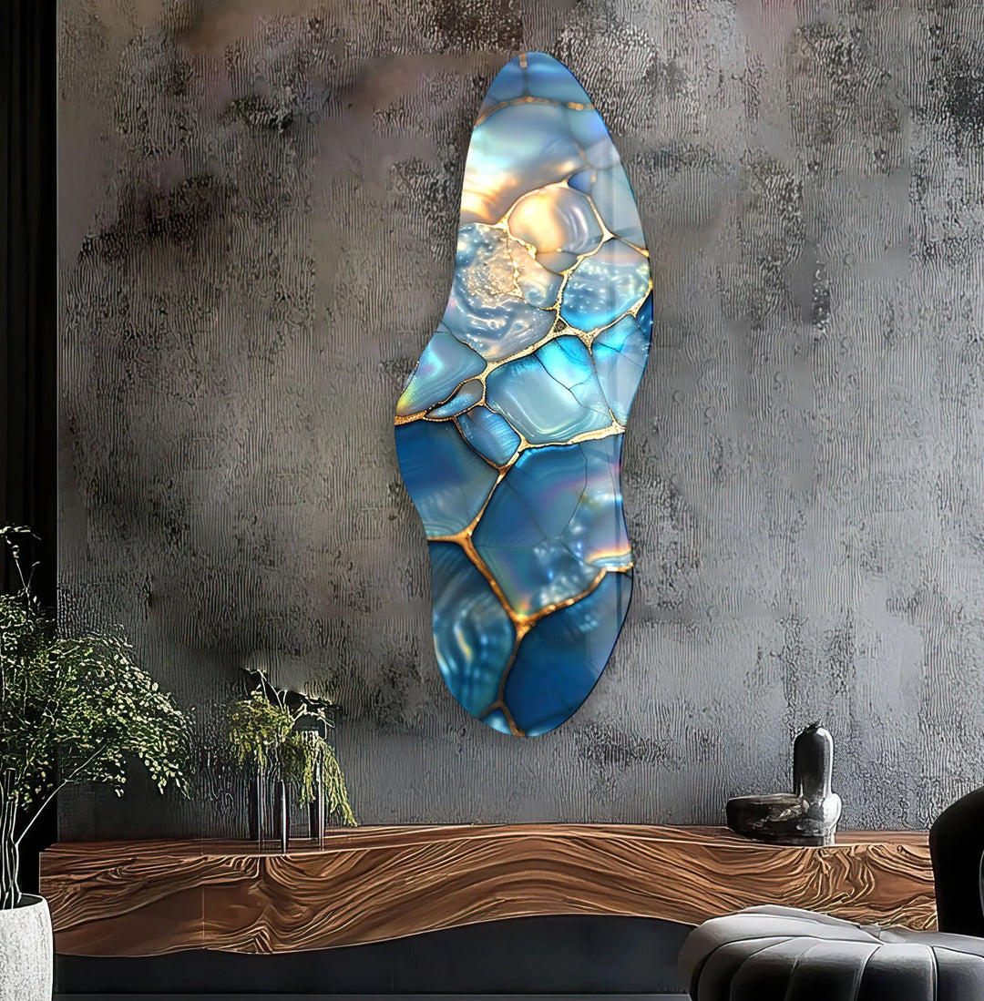 Blue Pearl Sparkle Asymmetrical Glass Wall Art, custom glass pictures, glass art prints