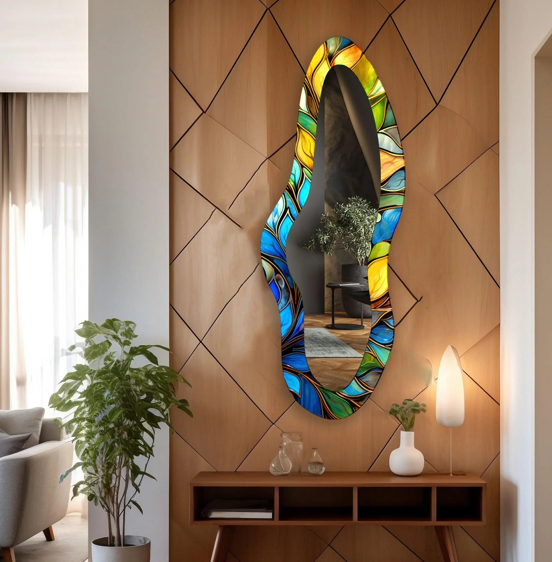 Blue Stained Glass Large Decorative Wall Mirror - MyPhotoStation