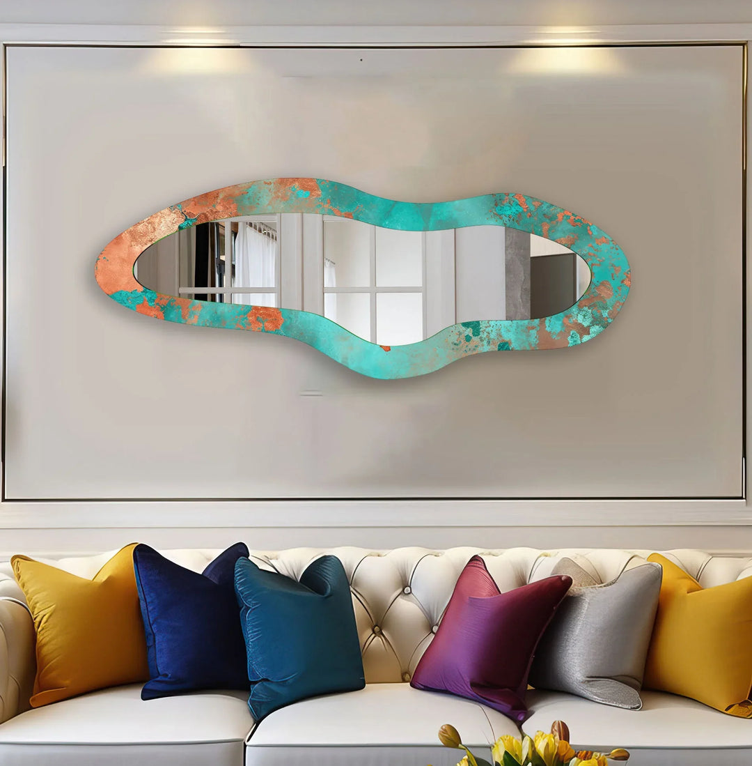 Mirror wall decor combining bold shapes and reflective surfaces to create a striking focal point