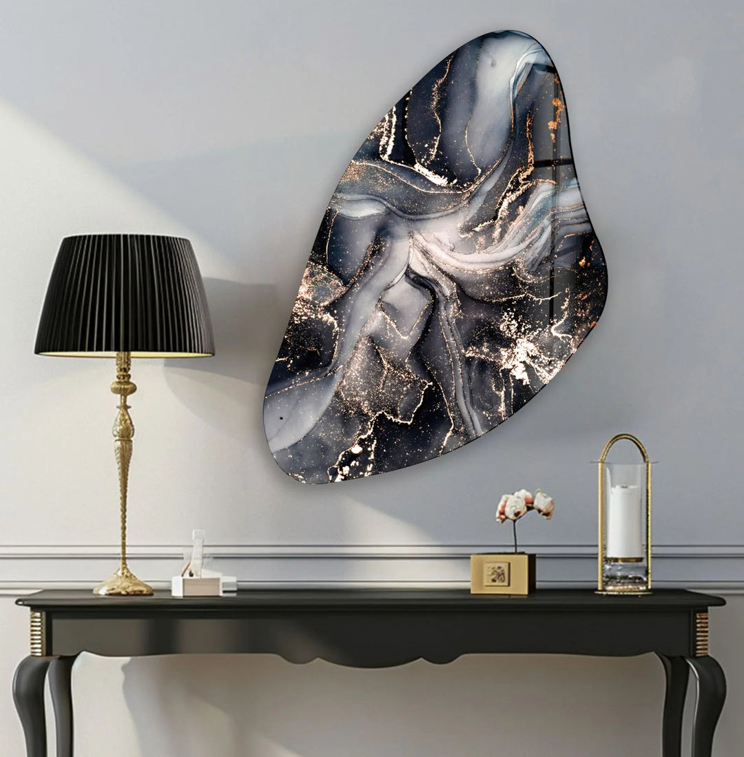Black & Gold Alcohol Ink Glass Wall Art, print picture on glass, Tempered Glass Wall Art