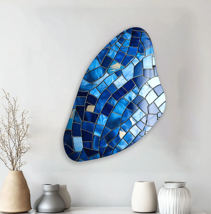 Blue Mosaic Style Aesthetic Glass Wall Art, glass wall decor, glass wall art decor