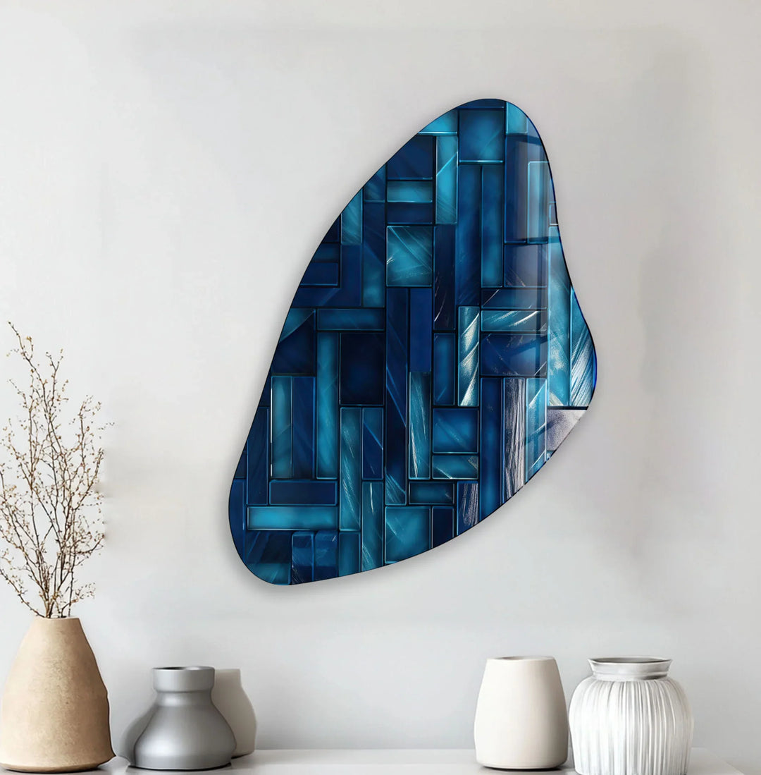 Blue Mosaic Tile Irregular Glass Wall Art, print on glass, glass printed photos