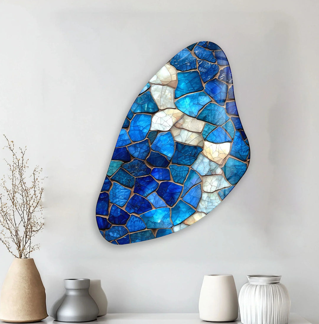 Aesthetic Blue Mosaic Asymmetrical Glass Wall Art, print picture on glass, Tempered Glass Wall Art