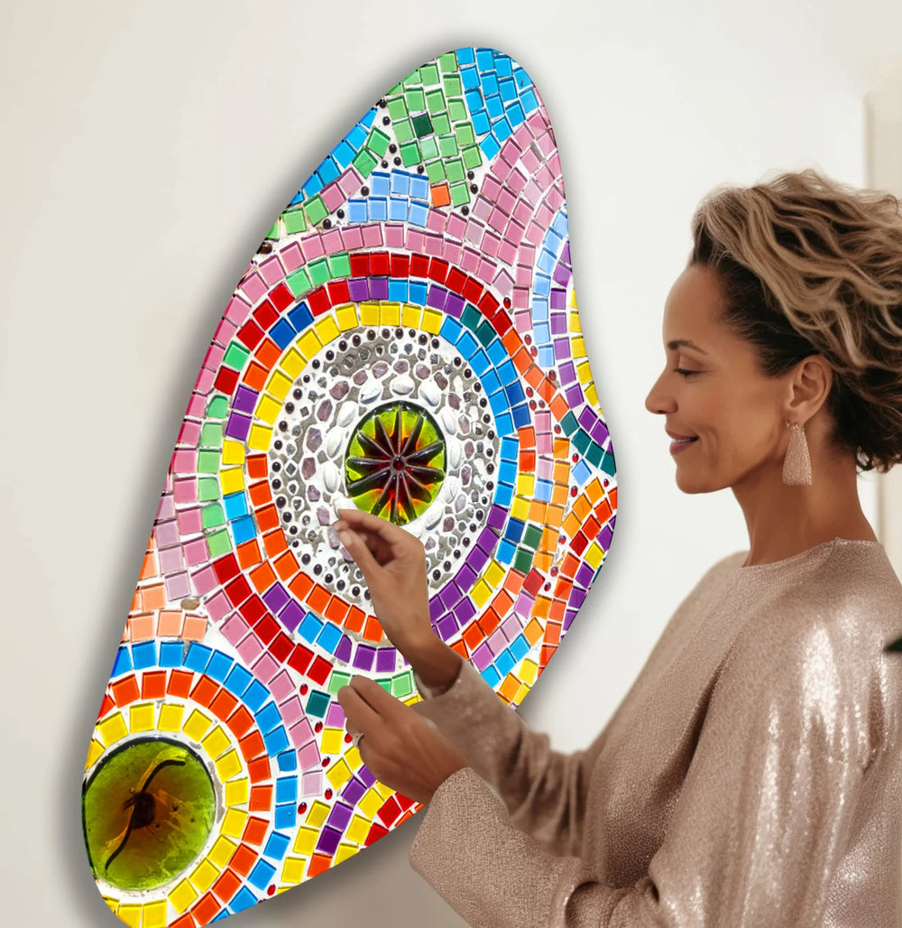 Aesthetic Pink Mosaic Irregular Glass Wall Art, picture on glass wall art, photos printed on glass