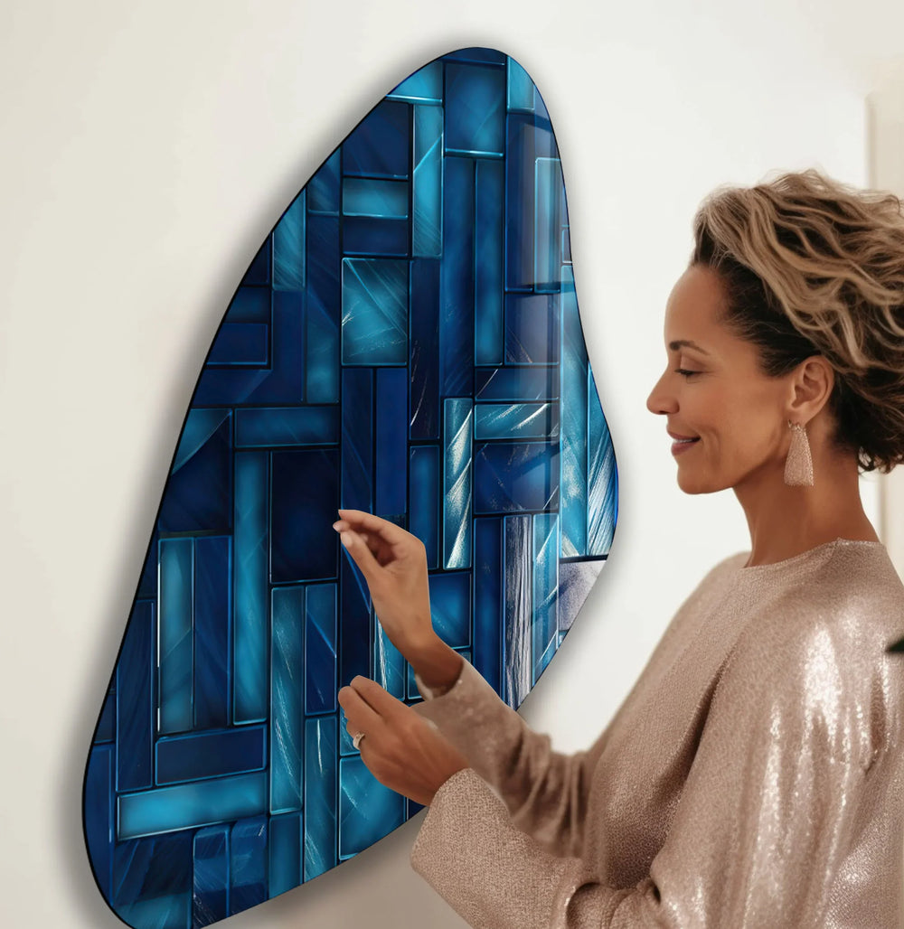 Blue Mosaic Tile Irregular Glass Wall Art, picture on glass wall art, photos printed on glass