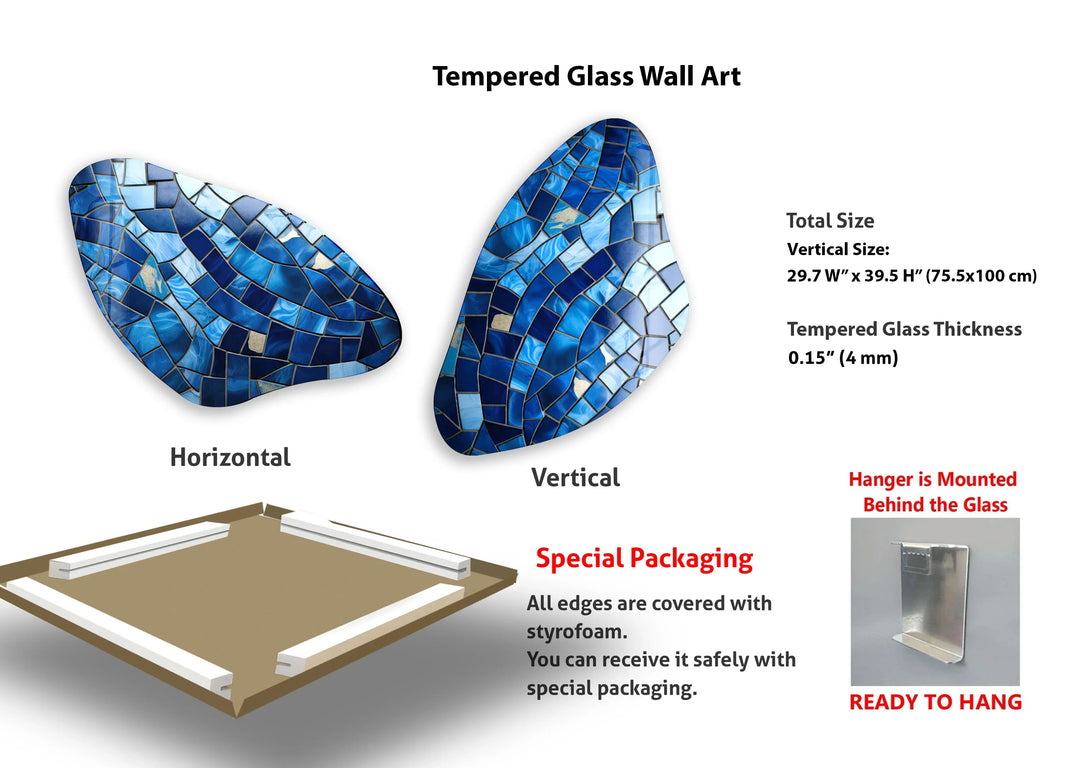Blue Mosaic Style Aesthetic Glass Wall Art, glass image printing, glass prints from photos