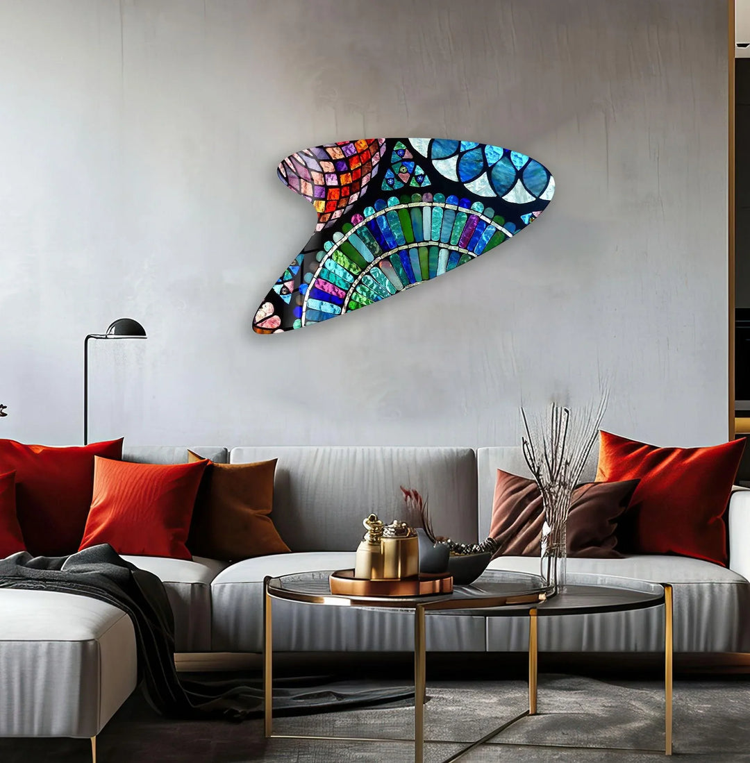 Blue Mosaic Modern Irregular Glass Wall Art, custom glass photo prints, large glass prints