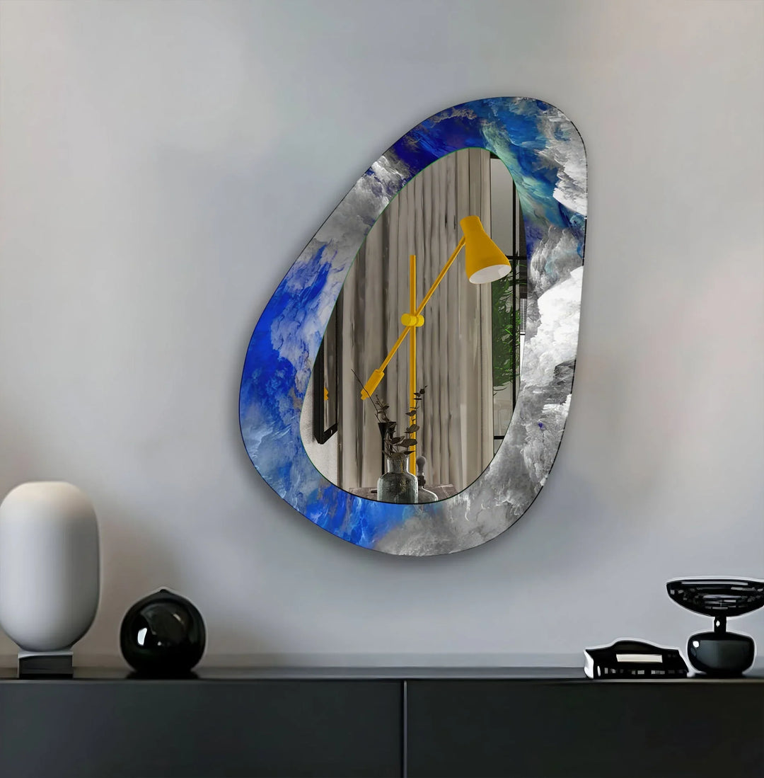 Blue Abstract Asymmetrical Glass Wall Mirror - MyPhotoStation